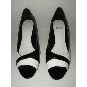 Impo Vikki Black White Heels Faux Lambskin/Patent 8m about 3" heel Original box